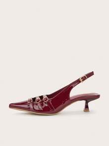 Women's Pointed Toe Breathable Fashion Buckle Kitten Heel Slingback Sandals With Backstrap - Burgundy - View 4