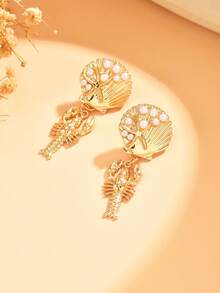 一对夏季海滩海洋风合金贝壳镶嵌仿珍珠耳环，独特设计，魅力十足，适合女性日常佩戴、海滩约会和度假。 - 彩色 - 查看 2