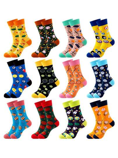 1/5/7 pares de calcetines de media caña unisex con patrones divertidos de fútbol/baloncesto/tenis, de colores vivos, adecuados para vacaciones, versátiles y de moda, cómodos para deportes, casual, parejas, fiestas, todo tipo de temporadas y ocasiones