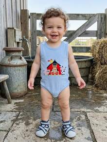 Peto de bebé niño Mono Bordado de animales Body sin mangas Ropa veraniega linda de granja - Azul - Ver 6