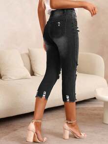 Quần jeans skinny dài đến bắp chân, rách nhẹ, phong cách thường ngày cho nữ, màu đen, thích hợp cho kỳ nghỉ xuân. - màu đen - Xem 5