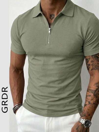  GRDR Men's Solid Color Short Sleeve Zipper Design Casual Versatile T-Shirt