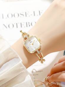 1 chiếc đồng hồ đeo tay nữ thời trang thường ngày, mặt vuông tối giản, thanh lịch, máy quartz, quà tặng (không kèm hộp đồng hồ) - Vàng - Xem 4