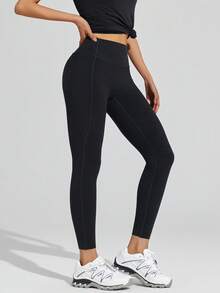 Leorrey 1pc Women's Fashionable High Waist Shaping Elastic Waistband Sports Pants With Side Pockets - Black - View 6