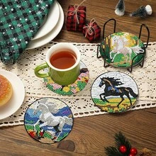 8pcs Set Equestrian Horse Diamond Painting Coasters With Holder, Vibrant Galloping Horse Pattern Cup Mats, Unique Handmade Gift For Housewarming & Horse Fans - Sets - View 3
