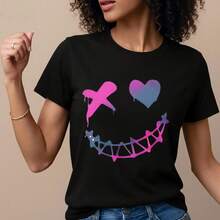 Camiseta de manga corta ligera y duradera con un alegre diseño de sonrisa rosa y morada, perfecta para salidas informales en restaurantes o relajarse en casa, que ofrece un ajuste cómodo para uso diario.- 1pcs, 180Gsm, 100% Cotton - Negro - Ver 3