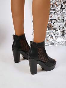 2026新款Y2K酷炫黑色网眼厚底踝靴，后拉链露趾高跟鞋，网眼拼接设计透气吸睛，超高粗跟稳固增高，适合万圣节、音乐节、派对、约会等场合——展现个性前卫风格 - 黑色 - 查看 5