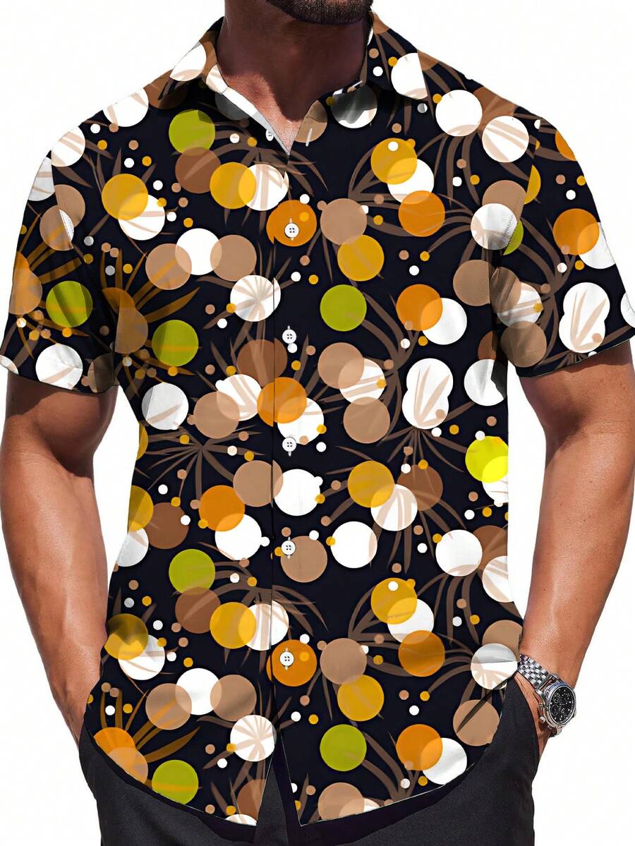 Abstract Circles In Orange Brown White And Green Create A Lively Modern Art Vibe Symbolizing Joyful Energy 3D Print Mens Casual Short Sleeve Shirt Summer Beachwear Button Down Top - 白色 - 查看 1