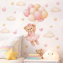 Pegatina de pared con globo de oso estilo bohemio, decoración de habitación de bebé con oso y cielo estrellado, autoadhesiva para decoración del hogar, habitación de niños y dormitorio, estilo europeo y americano - Multicolor 2 - Ver 13