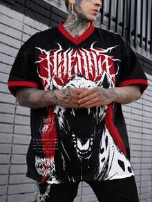 Men's Double-Sided Print Loose V-Neck T-Shirt Digital Print Roaring Hyena Pattern Death Metal Thorn Letter Front & Back Color Block Jersey Top Y2K Punk Style Dark Streetwear Soft Breathable Summer - Black - View 2