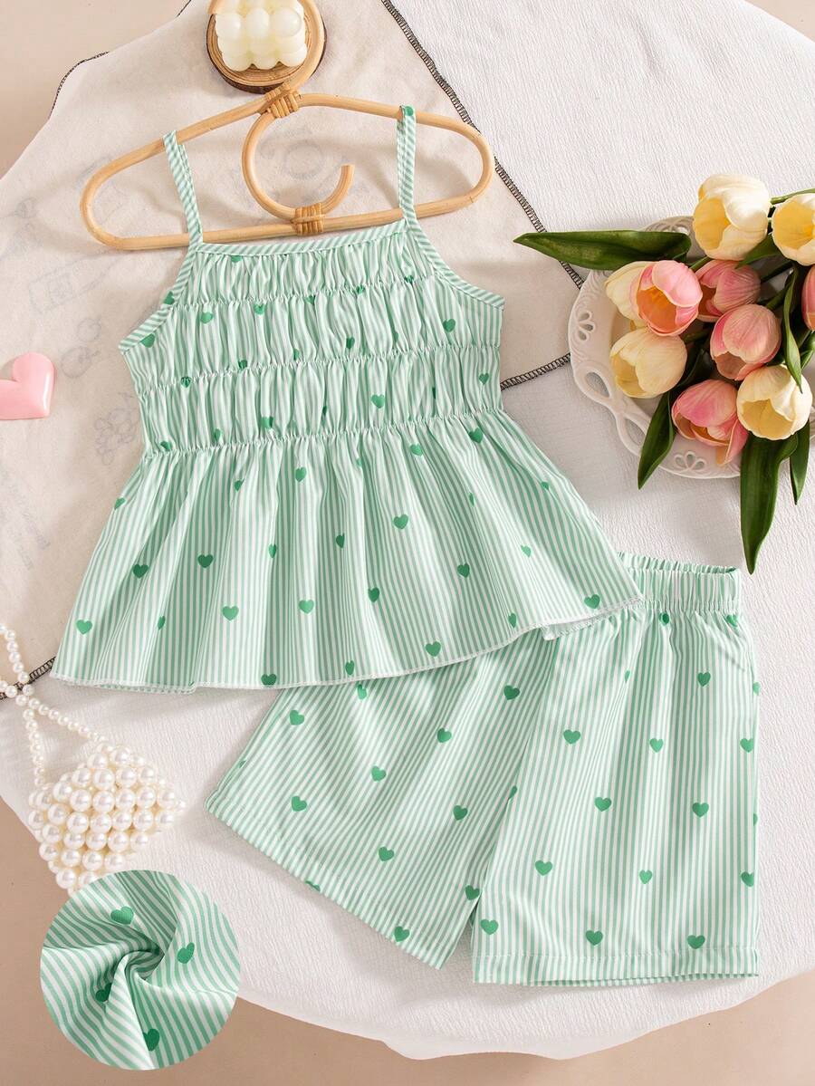 Setelan 2pcs Anak Perempuan Kasual Bergaris Motif Hati, Atasan Camisole dan Celana Pendek Pinggang Elastis, Musim Semi/Panas - Hijau - View 1