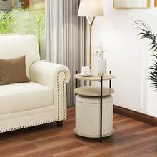 MU:4LIFE Estilo Kanso Mesa Auxiliar Mesa Lateral Redonda con Taburete Ottoman de Almacenamiento con Tapa para Hogar y Oficina Gris Claro y Natural 1565685 - Gris Claro y Natural - Ver 2