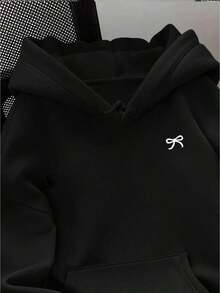 Women's Cozy Hoodie With Black Bow Print - Casual Long-Sleeved Pullover, Regular Fit, Front Pockets, Perfect For Autumn/Winter, Casual Sweatshirt - màu đen - Xem 5