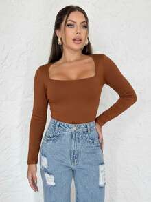 Kit 1, 3 Bodysuits, Women's Shaping Bodysuit, Second Skin Style, Square Neckline, Long Sleeves, Basic, High Fashion, Versatile, Elegant, Blogger Style - 可可 - 查看 2