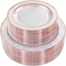 2pcs Transparent Rose Gold Rim Plate Set, Includes 7.5" Dessert Plate/10.25" Dinner Plate, Minimalist, Modern, Easy To Clean, Reusable, Suitable For Birthday Parties, Valentine's Day Dinners, Ramadan, Weddings, Family Gatherings, Outdoor Picnics, Camping And More - Multicolor - View 2