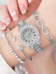 4件套女士手表，时尚休闲罗马刻度镶钻表盘石英表，圆指针，含珠宝配件和8字手链套装，母亲节、教师节、感恩节、学生毕业典礼、生日礼物 - 彩色 - 查看 11