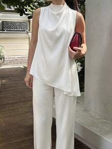 White High Neck Asymmetric Top And Wide Leg Pants Set, Elegant Office And Event Wear - White - View 3
