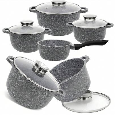 Set di 8 pentole antiaderenti con coperchi in vetro, pentole per zuppa e caffettiere. Realizzato in granito, resistente e facile da pulire. Adatto sia a piani cottura a induzione che a gas. Set di utensili da cucina e accessori essenziali per la cucina. Il set di pentole è adatto per l'uso quotidiano in casa e nei ristoranti, ed è anche un'ottima idea regalo per familiari e amici.