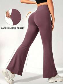 Women's High Waist Flare Pants, Lifting Waist Slimming Wide Leg Casual Pants, Solid Color All-Season Fitted Vacation Trousers - Red Violet - View 5
