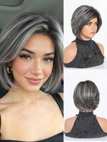 8 Inch Brown With Gray Highlight Short Bobo Wig, Heat Resistant Synthetic Wig, Natural For Daily, Office, And Party Wear - Grey - View 2