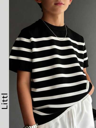 Tween Boys Casual Striped Crew Neck Short Sleeve Knit Sweater T-Shirt, Summer