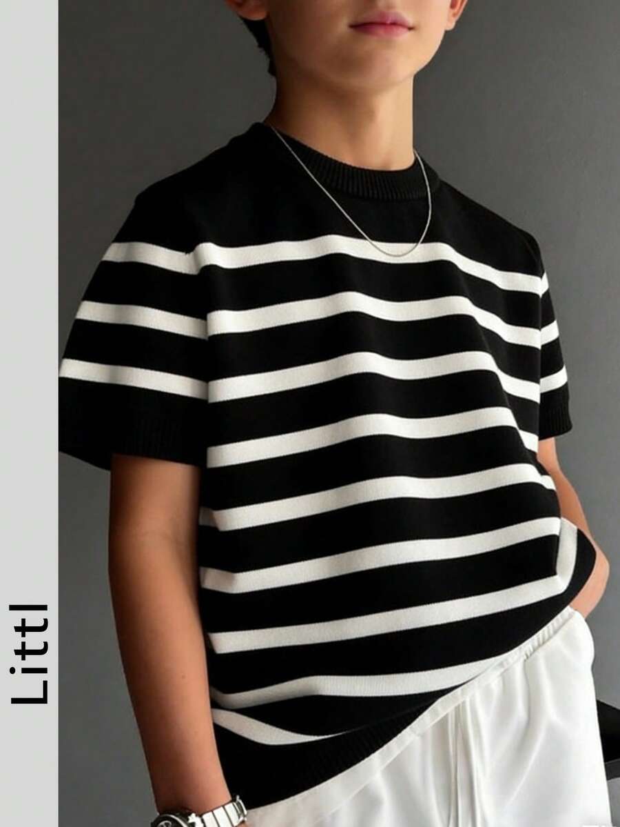 Tween Boys Casual Striped Crew Neck Short Sleeve Knit Sweater T-Shirt, Summer - Black - View 1