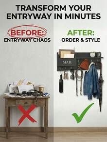 [2-7 Days Must Arrive] Aesthetic Black Wooden Floating Shelf With 6 Hooks, 15" Rustic Entryway Wall Decor For Keys & Mail, Farmhouse Style Letter Sorter For Living Room, Minimalist Wall-Mounted Display Rack For Small Plants & Photos, Chic Apartment Essentials For Home Tidying - 1PC - View 7