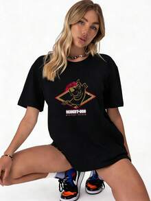 Elourie SHEIN X SCOOBY-DOO Damen-T-Shirt mit Rundhalsausschnitt, kurzen Ärmeln und lockerer Passform, einfarbig, aus 100 % Baumwolle. Das schwarze T-Shirt mit lustigem Cartoon-Welpen-Print im klassischen Stil eignet sich perfekt für Frühling/Sommer, Streetwear, Urlaub, Freizeit, Büro/Lounge/Zuhause/Outdoor-Sport, Retro-Stil, schlichtes, verspieltes Design, ganzjährig tragbar, mit Film- und Anime-Motiven, für Teenager, als Partnerlook, im Stil der 80er und 90er Jahre/Y2K, für die Feiertage. - Schwarz - Übersicht 4