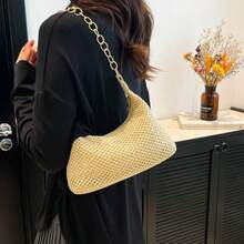 Straw Woven Chain Shoulder Tote For Women, Roomy Beach Vacation Bag, Summer Holiday Essential - Màu be - Xem 10