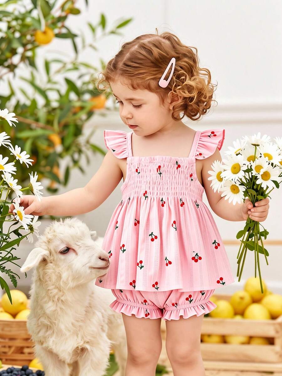 2pcs/Set Toddler Girls' Cute Cherry Pattern Pink Camisole Top + Shorts Set, Summer - Pink - View 1