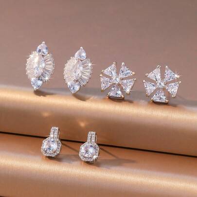 Bộ 2 đôi bông tai đính đá Zirconia hình bông tuyết bất đối xứng, kiểu dáng giản dị, phù hợp để đeo hàng ngày.