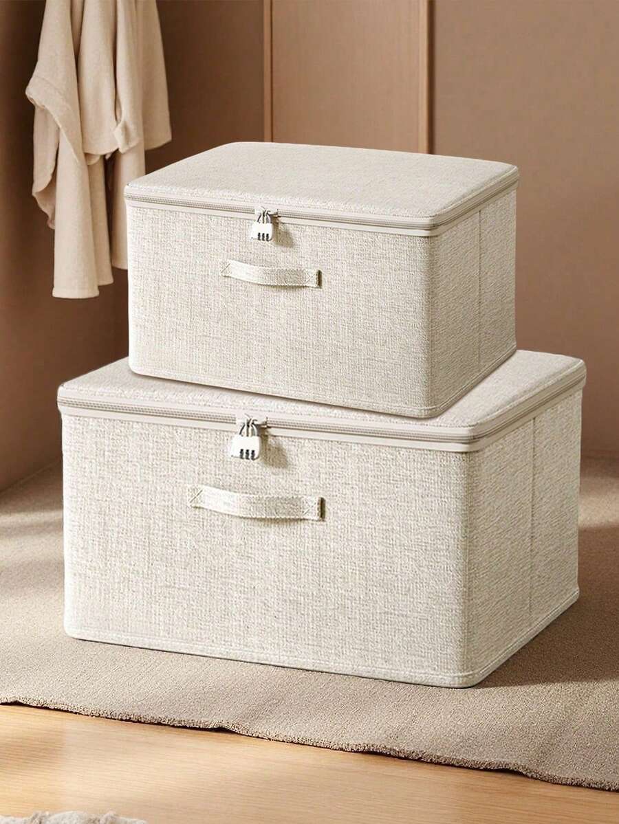 1 pieza Caja de almacenamiento plegable de lino, organizador con tapa de gran capacidad, plegable y apilable (sin cerradura) - Multicolor - Ver 1