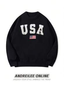 ANDREILEE Sweater Rajut Lengan Panjang Leher Bulat Kasual Unisex dengan Motif Huruf dan Bendera Amerika, Cocok untuk Musim Gugur dan Musim Dingin - Hitam - View 2
