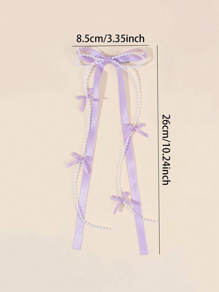 2pcs Purple Tassel Bow Hair Clips, Girls Solid Color Satin Ribbon Tassel Bowknot Pearl Tassel Bow Hair Clips, Elegant Pearl Tassel Bow Hair Accessories For Weddings, Parties, Teens - Purple - View 7