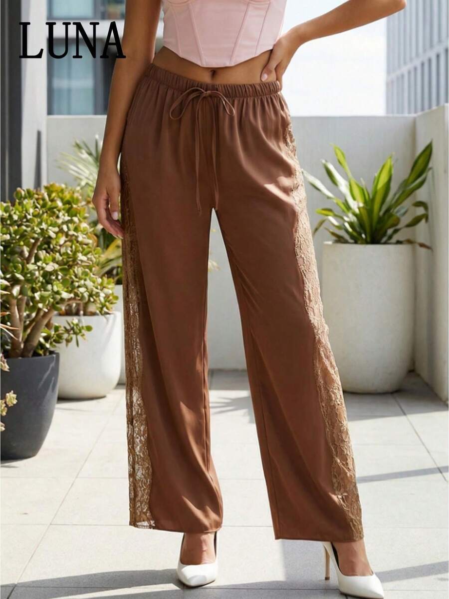 LUNA Pantalones de mujer de satén de pierna ancha, con encaje, patchwork, cintura alta, cordón ajustable, estilo lounge, elegantes y holgados. - Marrón - Ver 1