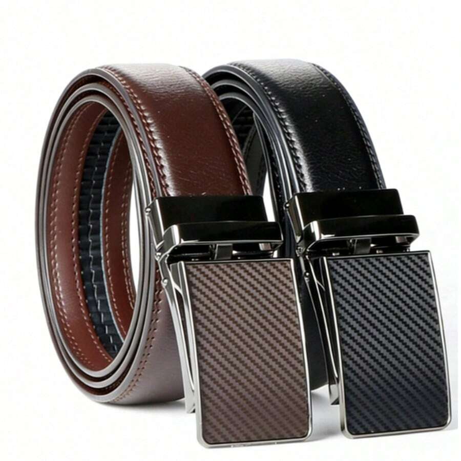 Men's Genuine Leather Ratchet Belt - Adjustable Automatic Buckle, Alloy Buckle, High-Quality Leather Patchwork, Suitable For Autumn/Winter, Casual, Outdoor, Sports, Vacation, Graduation Gift, Birthday Gift, Daily Wear - DL70 71 - 查看 1