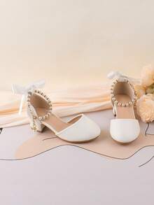 Flower Girl Shoes For Wedding, Party, Holiday, Suitable For Toddler, Little And Big Girls, Classic Comfortable Versatile White Pearl Bow Tie Flat Dress Shoes, Formal Occasion, Performance, Ballet, Princess Pumps - White - View 6
