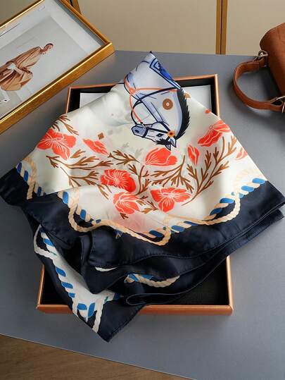 1条女士波西米亚风链条印花丝巾，百搭复古丝巾，70厘米，适合日常佩戴和节日送礼，春秋季款