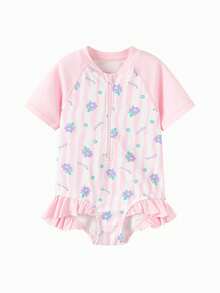 Balabala Young Girl Striped & Ditsy Floral Short Sleeve Romper Swimsuit - Pink - View 1