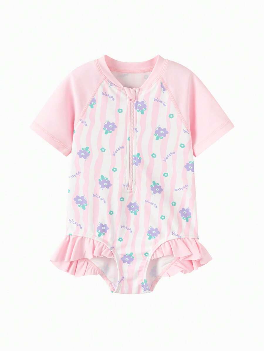 Balabala Young Girl Striped & Ditsy Floral Short Sleeve Romper Swimsuit - Pink - View 1