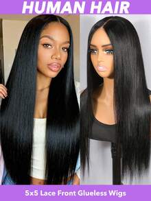 Tóc giả không cần keo, dài 26 inch, làm từ tóc thật, đã được tỉa sẵn, cắt sẵn, mật độ 180, khóa ren trong suốt 5x5, tóc giả thẳng nguyên chất Brazil, dành cho người mới bắt đầu, có tóc con, màu đen tự nhiên (8-30 inch) - Natural Black - Xem 4