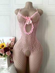 1pc Women's Sexy Semi-Sheer Bodysuit - Adorned With Soft Pink Floral Lace, Elastane Fabric, Crotch And Waist Design, Long Sleeves And Dropped Shoulders - Suitable For Formal/Intimate Occasions, Valentine's Day, Honeymoon - Easy To Clean, Romantic Sleepwear, Elegant Robe, Exquisite Structure, Bridal Lingerie, Bridal Wear - 粉色 - 查看 1