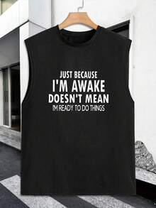 1PC Men's Vest With "JUST BECAUSE I'M AWAKE DOESN'T MEAN I'M READY TO DO THINGS" Print Design, 180g Pure Cotton Vest, Seamless, Sweat-Wicking, 100% Cotton, Loose American-Style Tank Top For Sports And Fitness. - 黑色 - 查看 3