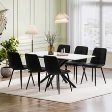White Marble Table + 6 Black Linen Chairs