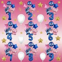 Stitch Themed Birthday Number Balloon Set, Includes Blue Number Foil Balloons And Angel Character Decorations, Suitable For Cartoon Party Celebrations, Friend Gatherings - Multicolor - View 1