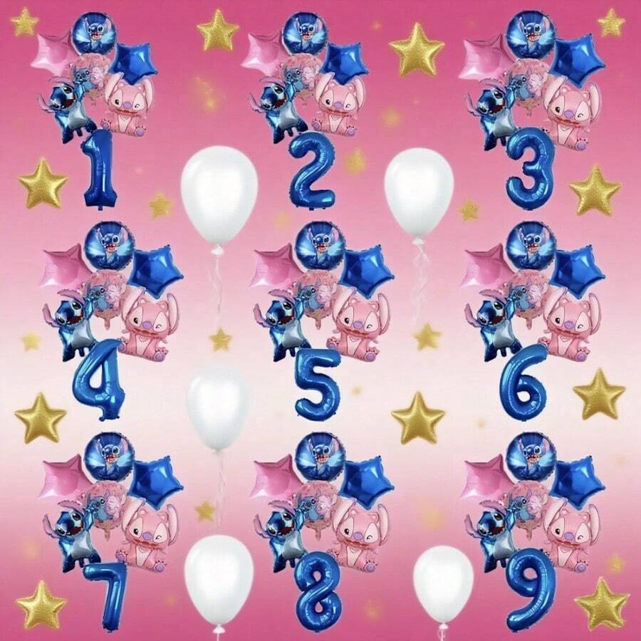 Stitch Themed Birthday Number Balloon Set, Includes Blue Number Foil Balloons And Angel Character Decorations, Suitable For Cartoon Party Celebrations, Friend Gatherings - Multicolor - View 1
