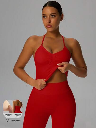 Yefecy 新款 Impact 运动瑜伽背心，女士健身瑜伽衫，运动服，露背褶皱内置胸罩罩杯上衣，春季款