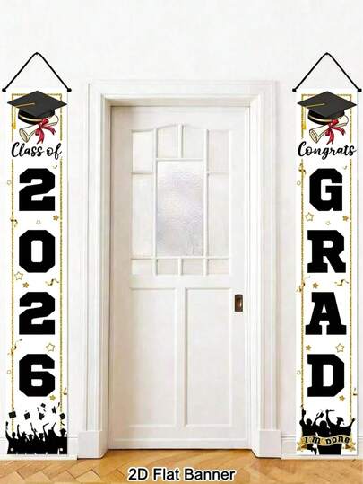 2 piezas Pancarta de puerta de graduación 2026, Felicitaciones a los graduados, Tamaño 30*180cm, Material de poliéster, Dos diseños de borla de gorra de graduación blanca y dorada para colgar y decorar el porche, Adecuado para decoración de temporada de graduación, Pancarta de bienvenida para pared interior y exterior, Aplicable para suministros de fiesta de graduación de escuela secundaria y universidad 2026