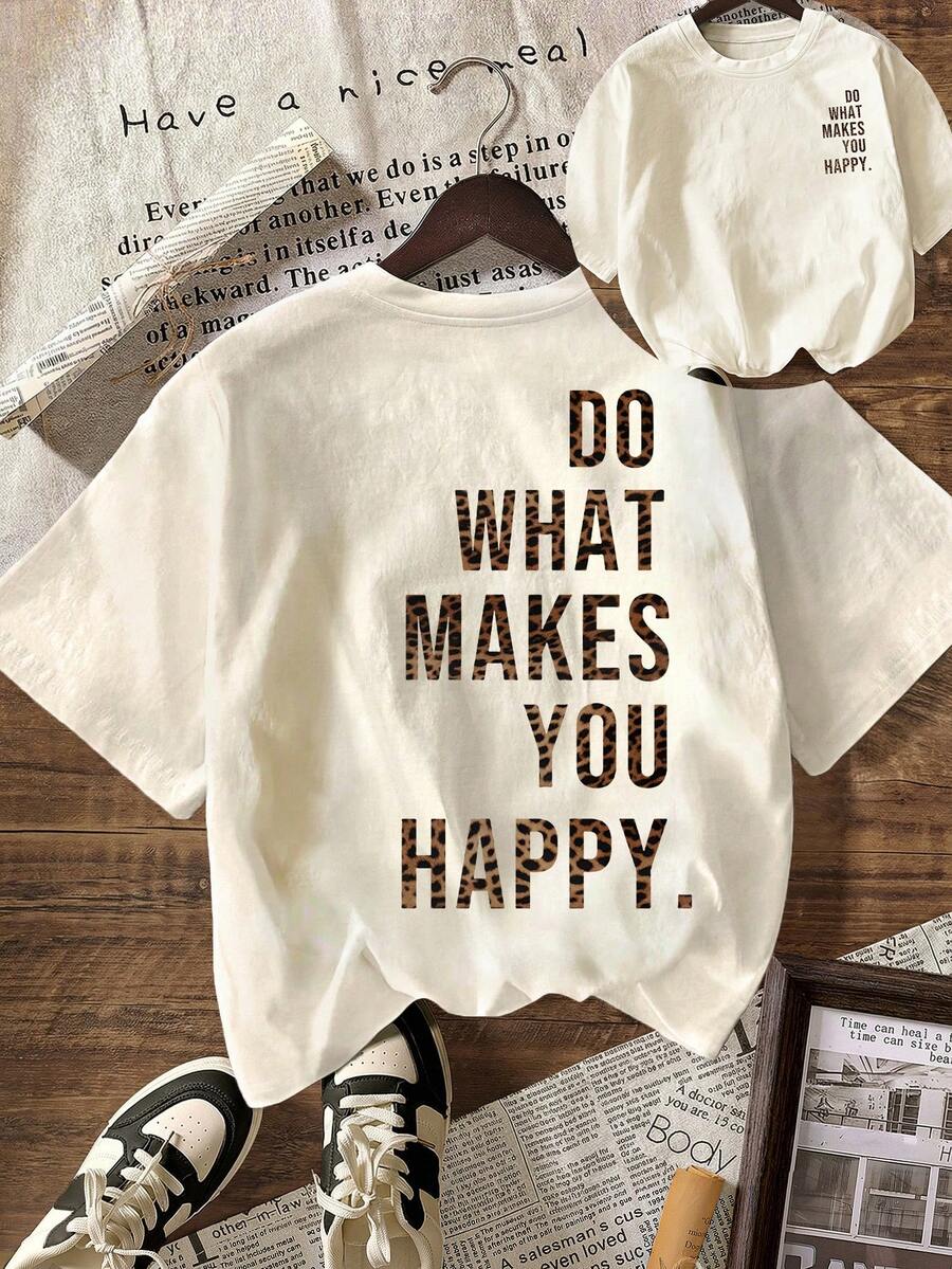 Do What Makes You Happy Leopard Print Graphic T-Shirt, Women Casual Round Neck Short Sleeve Summer Vacation Beach Outfit - Apricot - View 1