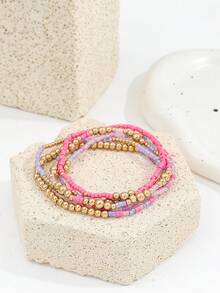 Set de 5 pulseras con cuentas de arroz CCB, accesorios de moda minimalista con estilo de playa personalizado para mujeres (cuentas de arroz mixtas, sin posicionar) - Dorado - Ver 4